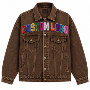 Men's Brown Denim <b>Jacket</b> Custom Embroidered Logo Front Turn-down Collar Casual Autumn Style Regular Fit Button Closure - Product Image 1