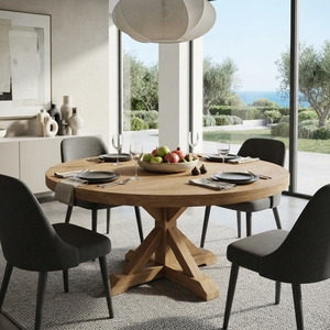 <b>Solid</b> <b>Wood</b> Round Dining Table Modern Rustic Pedestal Cross Base Natural Teak Style Wooden Table Home Dining Room Furniture <b>Desk</b> - Product Image 4