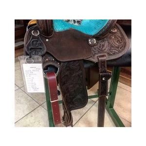 Selle de cheval Western en cuir marron, ornée de motifs floraux, avec siège rembourré turquoise, pour l'équitation de trial et de course - Product Image 2