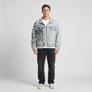 Chaqueta Vaquera Azul Lavada a la Piedra Personalizada para Hombre, con Estampado UV Negro Único, Transpirable, Estilo Urbano, Abrigo de Mezclilla de Moda, OEM, Primavera Otoño - Product Image 2