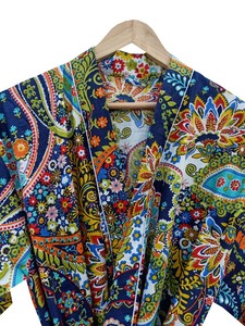 Robe kimono bleu foncé à imprimé floral, longueur intégrale, manches courtes, col en V, fermeture à cordon, vêtements de nuit décontractés d'été - Product Image 4