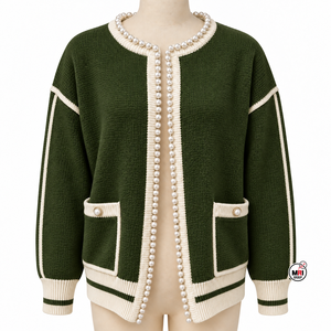 Cárdigan Elegante de Lana Verde para Mujer, Invierno, Manga Larga, Cuello en V, Detalle de Perlas, Bolsillos, Largo Regular, Delgado, Informal, Moderno, para Exteriores - Product Image 1
