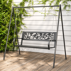 Outdoor Metal Garden <b>Swing</b> Bench With A <b>Frame</b> Stand Floral Backrest Chain Hanging Porch Patio Seat Furniture - Product Image 5