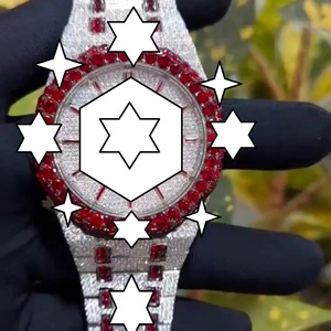 Luxury Stainless Steel Watch with <b>Red</b> Moissanite Bezel and Diamond Accents Round Analog Quartz Timepiece Fold Clasp - Product Image 1