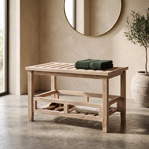 Tabouret en teck léger fait main Ananta 68x42x45 cm, design à lattes, rustique et moderne, portable, pour salle de bain et salon - Product Image 3