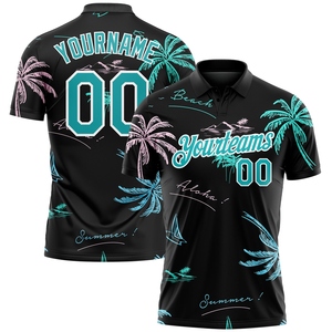 Camiseta de golf de alto rendimiento con diseño 3D personalizado de palmeras hawaianas en negro, verde azulado y blanco, la más vendida de la industria, venta directa al por mayor. - Product Image 1
