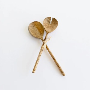 Ensemble de cuillères et fourchettes à salade en bois faites à la main, écologiques, en bois d'acacia avec manche en rotin tressé, ustensiles de cuisine - Product Image 4