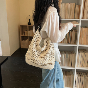 Bolso de ganchillo de verano <span class=keywords><strong>para</strong></span> mujer, hecho <span class=keywords><strong>a</strong></span> mano, con <span class=keywords><strong>asa</strong></span> de cuentas de madera, bolso de playa hueco, de gran capacidad, estilo bohemio - Product Image 1