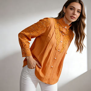 Oferta especial en Temu |   Blusa Elegante de Encaje Naranja para Mujer, Cuello Alto, Botones, Manga Larga, Camisa Casual para Uso Diario - Product Image 3