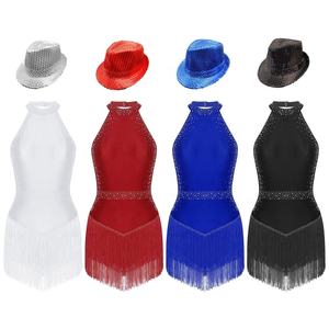 Body con flecos de leotardo <span class=keywords><strong>para</strong></span> mujer con conjuntos de sombrero de lentejuelas <span class=keywords><strong>para</strong></span> salón de baile latino <span class=keywords><strong>Tango</strong></span> Salsa danza del vientre Samba Cha-Cha ropa de gimnasia - Product Image 1