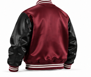 Wholesale Custom Men's Varsity Letterman <b>Jacket</b> <b>Burgundy</b> Maroon Satin Black Sleeves Striped Rib Hem and Sleeves Coat OEM - Product Image 6