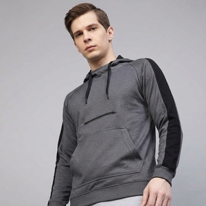Sweat-shirt à capuche gris pour homme, coupe classique, manches raglan noires, en tissu molletonné, idéal pour l'automne – Vente en gros - Product Image 2