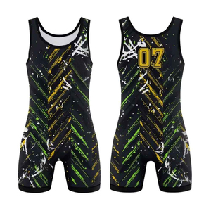 Combinaison de lutte noire pour homme, une pièce, imprimée par sublimation, compressive, extensible, ajustée, avec numéro 07 et logo au dos - Product Image 1