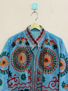 Hand Embroidered Uzbek Blue Cotton Jacket With <b>Animal</b> <b>Pattern</b> Mandarin Collar Spring Women's Prairie Chic Style - Product Image 2