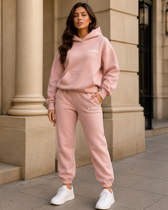 F2WIN Women's <b>Pink</b> Hooded <b>Tracksuit</b> Set Full Length Solid Color Casual Sweatshirt and Joggers with Side Pockets Autumn Wear - Product Image 1