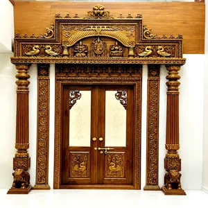 Porte de Mandir antique avec motif en treillis Jaali, porte d'entrée unique pour divinités indiennes, porte en bois massif sculptée à la main du Dieu Shiva Parvati - Product Image 5