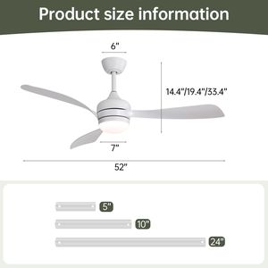 Ventilatore da soffitto LED da 52 pollici con 3 pale in ABS, telecomando, motore DC reversibile, prestazioni silenziose, 3 alette di prolunga (5/10/24 pollici) - Product Image 2