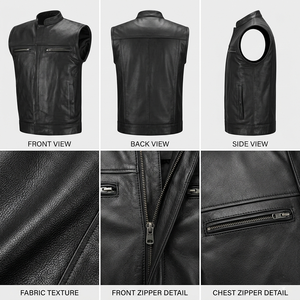 Chaleco de cuero genuino negro premium para hombre, chaleco de motociclista sin mangas con bolsillos con cremallera y cuello alto - Product Image 2