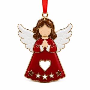 Ornement d'ange de Noël Lavie Creations, robe rouge, ailes blanches, découpe en forme de cœur, décoration en métal, style classique, artisanal, finition brillante - Product Image 1