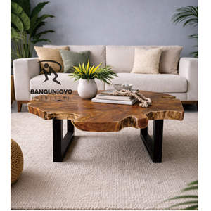 Mesa de Centro Moderna Hecha a Mano con Madera Sólida de Raíz de Teca y Patas de Metal con Acabado Negro para Sala de Estar - Product Image 2