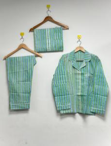 Womens <b>3</b> <b>Piece</b> Cotton Pajama <b>Set</b> Blue Green Striped Eco-Friendly Spring Summer Comfortable Fit Sleepwear <b>Lounge</b> Outfit - Product Image 5