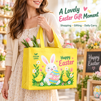 Sacs de courses réutilisables en tissu non tissé à imprimé lapin de Pâques jaune rayé et poussins, personnalisables avec logo, vente en gros