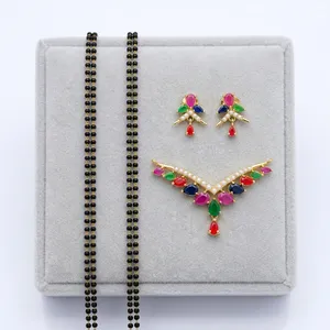 Ensemble de collier et boucles d'oreilles en cristal indien Mangal Sutra plaqué or avec pierres CZ et perles noires, bijoux de mariée pour mariage - Product Image 5