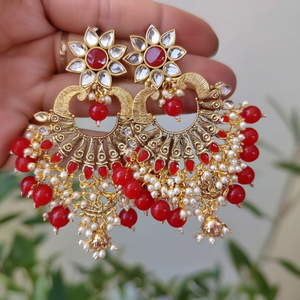 <b>Red</b> Enameled Designer Chandbali Hoop <b>Earrings</b> with Pearl and Zircon Hangings - Product Image 3