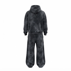 Ensemble survêtement streetwear pour homme, gris anthracite tie-dye, avec sweat à capuche zippé et pantalon large, panneau de manches clouté, personnalisable OEM ODM - Product Image 4