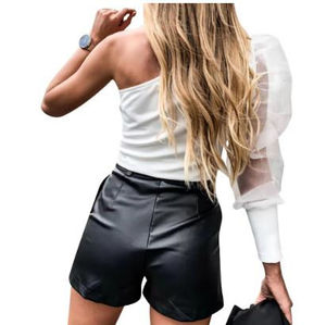 High Waist Black Leather Eco-Friendly Breathable Casual <b>Women's</b> Shorts with Zipper <b>Fly</b> Solid Pattern - Product Image 2
