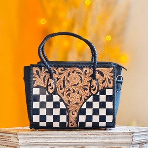 New Black & White Checkboard Pattern Florals <b>Tooling</b> Carved 100% Genuine <b>Leather</b> Waterproof Women's Tote Shopping Purse Hand Bag - Product Image 1