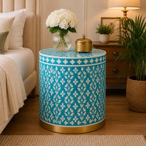 Tabouret pliant moderne fait main de haute qualité avec incrustations en os, style tambour, ottoman de ferme indien poli pour la décoration du salon et de la chambre - Product Image 6