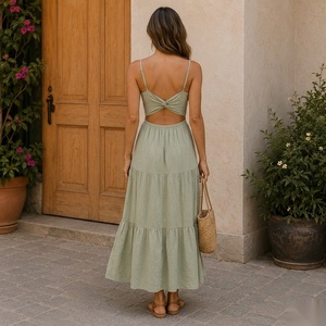 Vestido Maxi Boho con Tirantes Finos, Corte en A, Color Sólido, Botones al Frente, Vestido Casual de Verano - Product Image 3