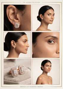 Boucles d'oreilles clous en diamant de laboratoire taille émeraude, or massif 9K, halo plaqué or pour femme, cadeau de mariage et de fiançailles - Product Image 3