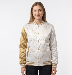 Chaqueta bomber de satén blanca para mujer, chaqueta universitaria sublimada, chaqueta de invierno con cremallera, manga regular, logotipo frontal personalizado - Product Image 1