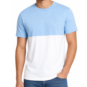 T-shirt pour homme à blocs de couleur personnalisés, décontracté, bicolore bleu clair et blanc, col rond, manches courtes - Product Image 2