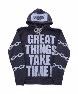 Sweat à capuche zippé streetwear épais avec patchwork vieilli personnalisé et imprimé graphique chaîne, polaire oversize pour homme - Product Image 4