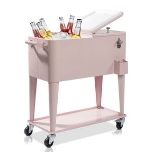Carrello Frigo Isolato in LLDPE Rosa per Patio con Ruote Bloccabili e Apribottiglie Integrato - Product Image 1
