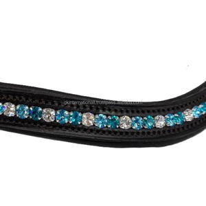 Bandeau de tête pour cheval en cuir véritable avec cristaux et strass, dernier design, noir, rembourré, à prix avantageux - Product Image 1