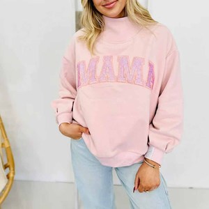 Pink Oversized <b>Mock</b> <b>Neck</b> Turtleneck Sweatshirt Glitter Mama Print Fleece Pullover Unisex Autumn Wear - Product Image 1