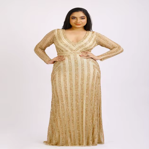 Gold <b>Sequin</b> Evening Gown Deep V Neck Full Sleeve Maxi Dress | Luxury Party Wear Wedding Reception Engagement Formal Dress - Product Image 3