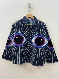 Chaqueta Corta de Terciopelo Azul Oscuro de la Colección Premium de Diseñador, Abrigo Tipo Shrug para Mujer, Chaqueta con Ojo Turco Místico - Product Image 3