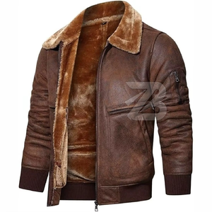 <b>Men's</b> Genuine Leather Aviator <b>Jacket</b> With Faux Fur Collar Zipper Closure Winter Moto Biker Style Thick Warm Coat - Product Image 2