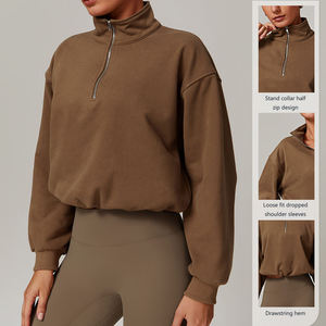 Women's Grey Quarter Zip Mock Neck Oversized Sweatshirt <b>Drop</b> Shoulder Long Sleeve Casual Fleece Pullover Loose Fit Soft Cozy - Product Image 4