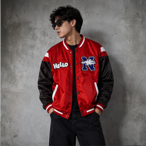 Satin Varsity <b>Jacket</b> Silk Bomber Shiny Letterman Contrast Sleeve Chenille Patch Custom Wholesale - Product Image 1