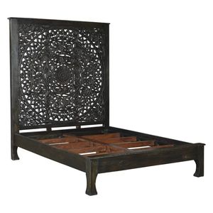 Luxury Handcrafted Solid Wood <b>Bed</b> Frame Ornate Mandala Jaali Carving Charcoal Black Finish - Product Image 2