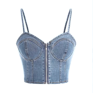 Wholesale Women's Denim Tank <b>Tops</b> Strappy Zip Front Solid Color Sexy Casual Wear Cotton Breathable Eco-Friendly OEM Service - Product Image 1