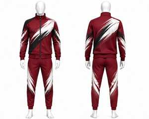 Ensemble de survêtement pour homme avec veste zippée et pantalon de jogging à imprimé géométrique rouge, vêtements de sport athlétiques avec poches latérales, impression par sublimation - Product Image 1