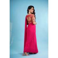 Taille Unique 900g Rose Georgette Pure Saree avec Détection par Aiguille, Broderie Lourde, Blouse Non Cousue Ornée pour Mariages
