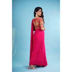 Sari rose en georgette pure taille unique avec chemisier brodé lourd non cousu, orné pour mariages Inde/Pakistan - Product Image 2